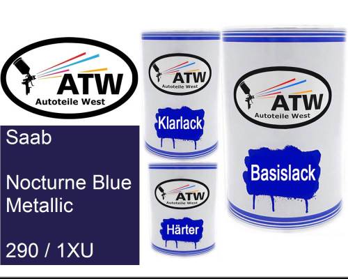 Saab, Nocturne Blue Metallic, 290 / 1XU: 500ml Lackdose + 500ml Klarlack + 250ml Härter - Set, von ATW Autoteile West.